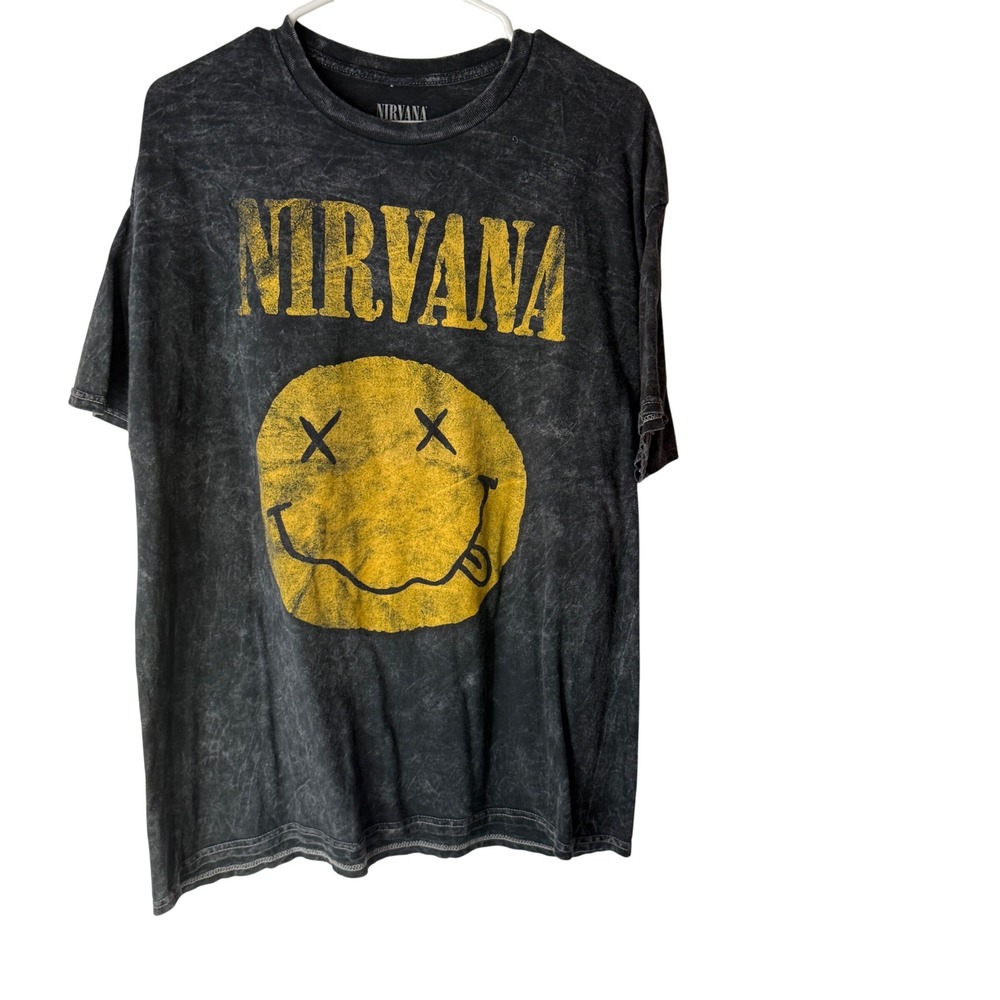 Nirvana Smiley‎ Face Graphic T Shirt Charcoal Wash Mens Size XL Band Tee Grunge